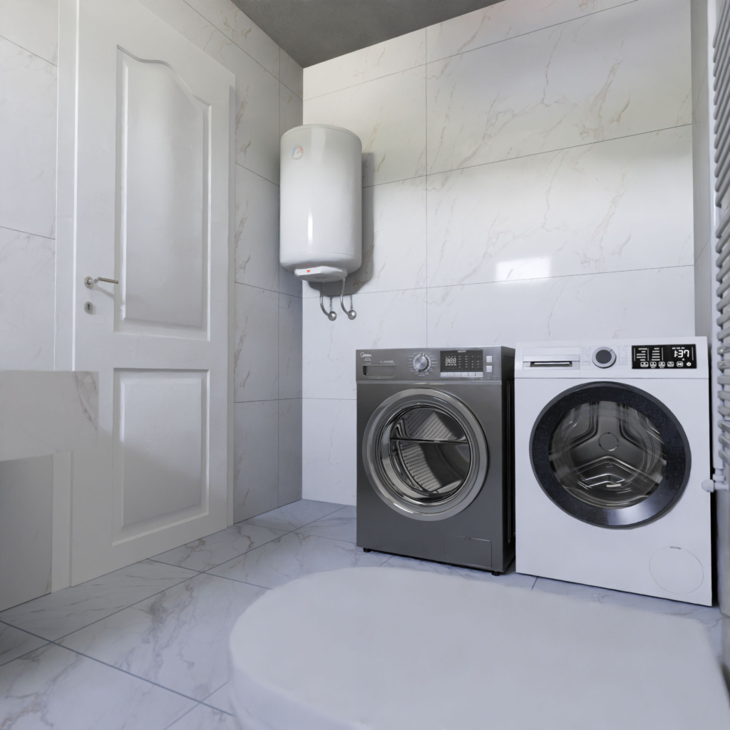 Residential water heater installed in a clean modern laundry room